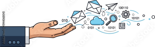 Hand releasing digital communication and data into the cloud