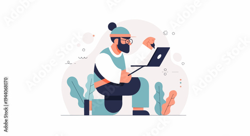 Illustrated person with beard and glasses working on a laptop