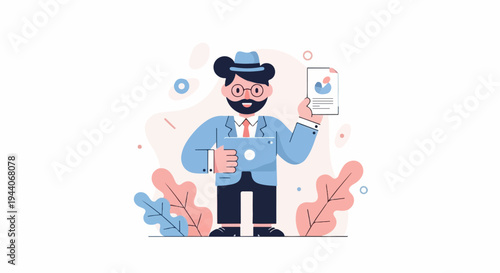 Cheerful businessman with tablet and report, surrounded by abstract foliage