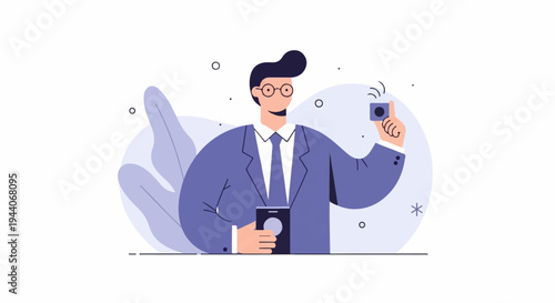 Man in suit taking a photo with a small camera and holding phone