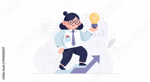 Person climbing an upward arrow holding a bright light bulb