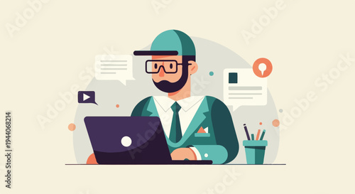 Person in a suit and cap working on a laptop with chat bubbles