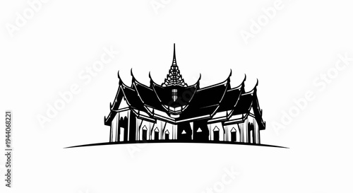Ornate traditional Asian building silhouette on a white background