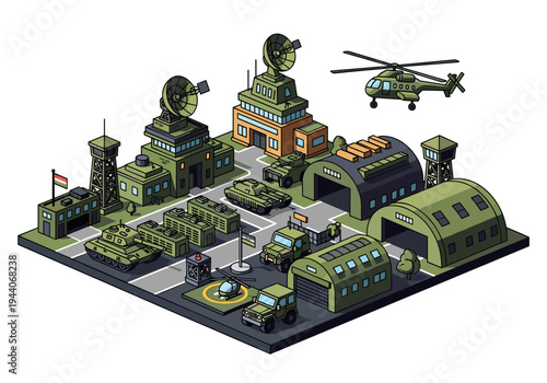Isometric military base with tanks, helicopters, and command center buildings