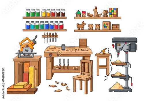 Cartoon woodworking workshop with tools, materials, and wooden toys on shelves