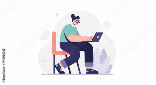 Person in glasses with hair bun using laptop while sitting on chair