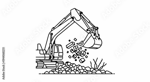 Outline of excavator digging into rocks and debris
