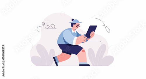 Person in hat and glasses looking at tablet while walking outdoors