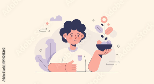 Person holds bowl with growing plant; abstract shapes and clouds