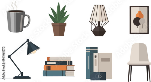 Collection of home decor items coffee, plant, lamps, art, books, and chair