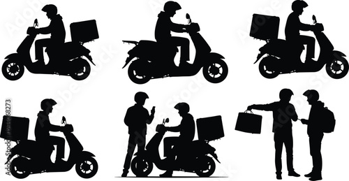 Silhouette vector illustration of delivery person riding scooter with helmet and package box, fast food courier service, urban transportation, customer receiving parcel interaction scene