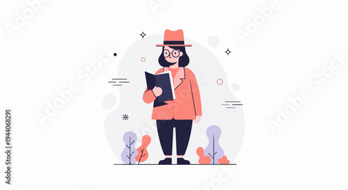 Person in hat and jacket reads book surrounded by abstract shapes and plants