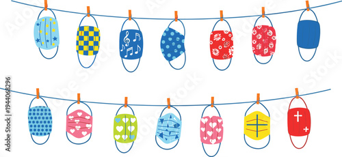 Colorful face masks hanging on clothesline, reusable fabric masks, patterned protective gear, pandemic fashion accessories, hygiene, cad drawing flat vector illustration
