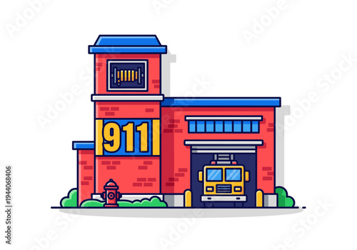 Modern cartoon fire station with a fire truck ready for action and the number 911 displayed prominently