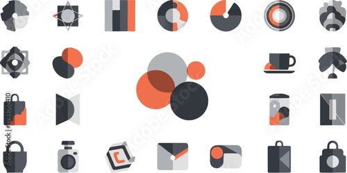 Flat design icons circles, shapes, shopping bags, camera, cup, and compass