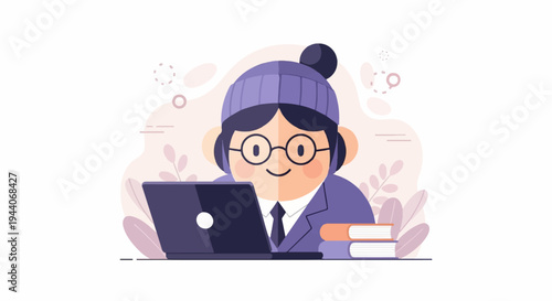 Person with hat and glasses working on laptop with books