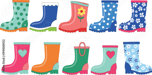Colorful rain boots for kids, cartoon footwear collection, pattern recognition, matching activity, educational design, vector illustration, playful style