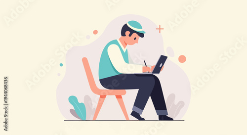 Person with hat on chair writing on laptop, with decorative elements