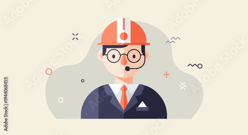 Flat graphic of a person in a hard hat and suit, representing a service professional