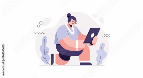 Person with glasses kneels and looks at a tablet computer