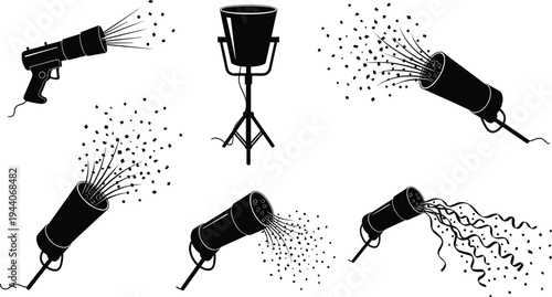 Confetti cannon silhouettes, party popper, celebration design, vector illustration, festive burst, CAD drawing, flat style, black icons, event decor, graphic art