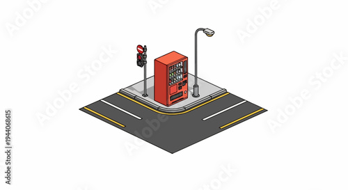 Isometric corner street with red vending machine, traffic light & lamp