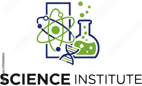 Logo featuring atomic model, DNA, and flask, with text