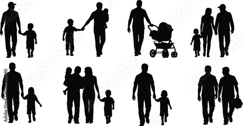 Silhouette vector illustration of family groups walking together, parents with children, stroller, caregiving roles, parenting, companionship, love, bonding and family lifestyle concept