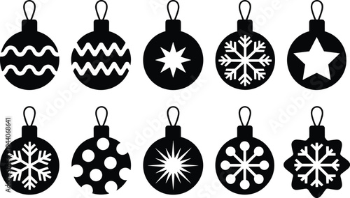 Christmas ornament ball silhouette collection, holiday decoration baubles vector illustration, winter festive hanging ornaments isolated seasonal design elements set