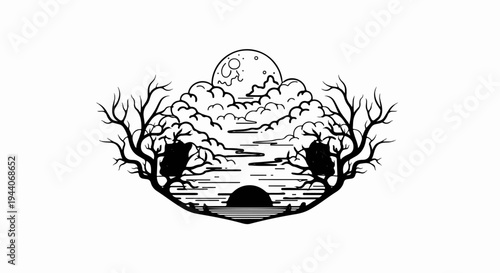 Silhouette of gnarled trees framing a celestial scene with moon