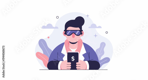 Stylish person wearing sunglasses holds phone with dollar sign