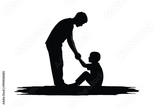Vector silhouette of a man helping a child stand up from the ground