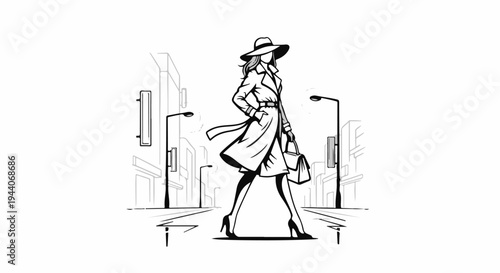Stylish woman in trench coat and hat crosses street with handbag
