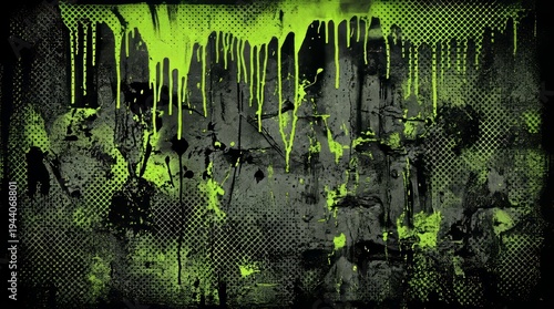 Abstract industrial background featuring neon green paint dripping down a dark grungy weathered wall with metallic mesh textures