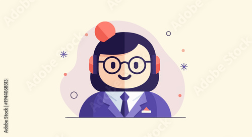 Stylized cartoon portrait of a person in a suit, with headphones