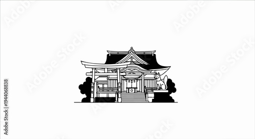 Stylized black and white illustration of a Japanese shrine with torii gate and fox statue