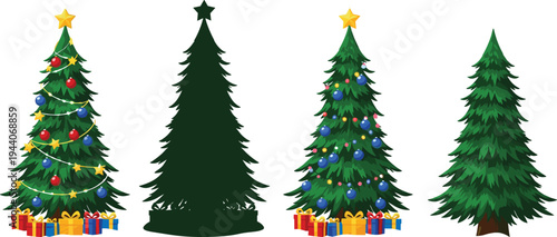 Christmas tree set, decorated and plain, ornaments, gifts, star topper, holiday vector, festive design, seasonal clipart, winter illustration