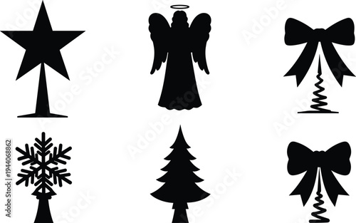 Christmas tree topper vector, festive silhouette design, holiday star, angel, bow, snowflake, seasonal decoration, black graphic, ornament art