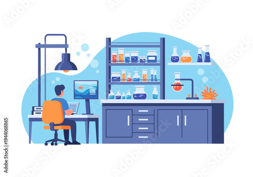 Scientist working on computer in a modern laboratory with beakers and equipment
