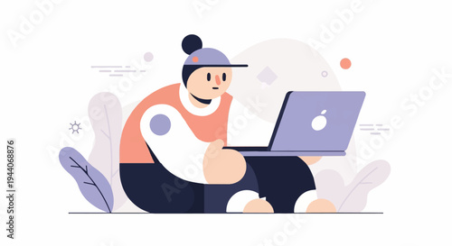 Stylized illustration of person with laptop, surrounded by abstract shapes and plants