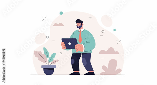 Stylized man with beard and glasses holds a tablet, with plants