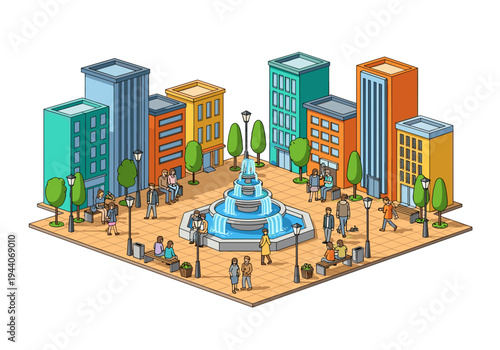 Isometric city square with fountain and people enjoying leisure time outdoors