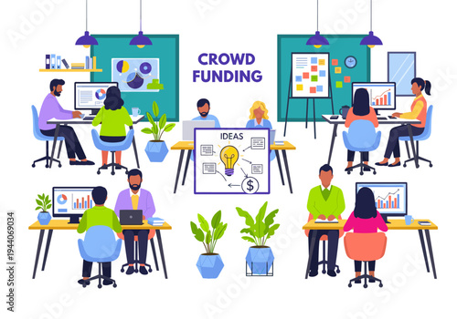 Diverse team collaborating on crowdfunding ideas in a modern office setting