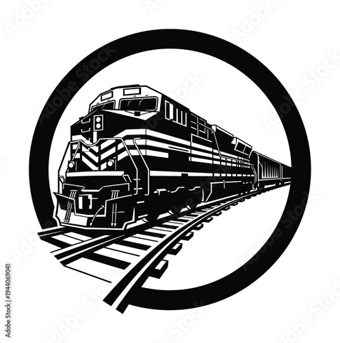 Vector of a diesel locomotive train traveling on curved railway tracks