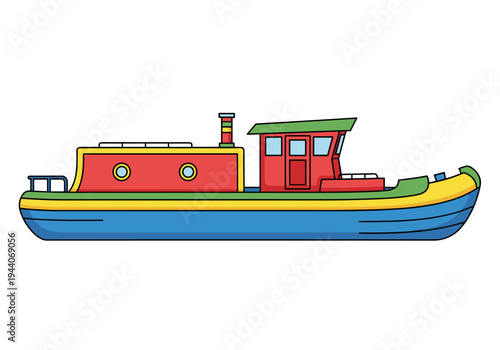Colorful cartoon narrowboat with red cabin and blue hull sailing on water