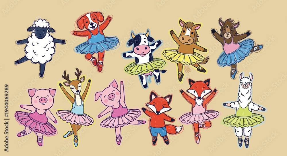 Fototapeta premium Hand drawn sketch animal ballerina doodle drawing collection on beige