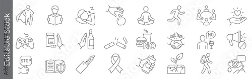Healthy lifestyle and wellness habits icon set – editable outline symbols of exercise, meditation, nutrition, no smoking and self-care