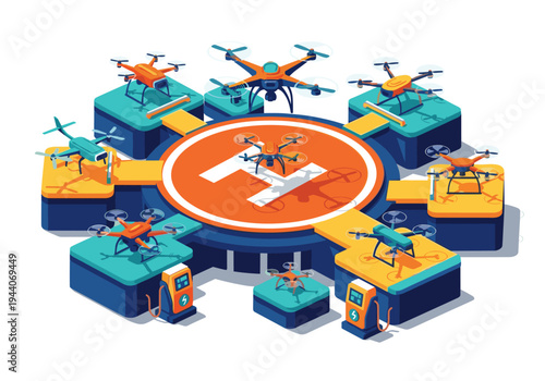 Modern drone charging station with multiple drones on landing pads and charging docks