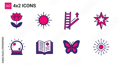 Set of 8 Pink and Purple Outline Icons Vector