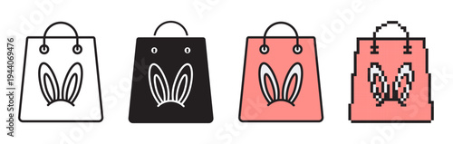 Easter shopping bag icons with bunny ears. Set includes linear editable stroke, solid black, flat color, and pixel art styles. Professional vector icons for holiday and spring themes.